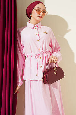 Gold Düğmeli Bel Tünelli Etekli Takım Pembe - İkili Takım