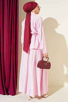 Gold Düğmeli Bel Tünelli Etekli Takım Pembe - İkili Takım