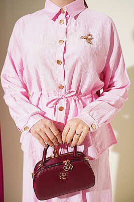 Gold Düğmeli Bel Tünelli Etekli Takım Pembe - İkili Takım