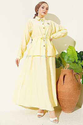 Gold Düğmeli Bel Tünelli Etekli Takım Sarı - İkili Takım