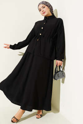 Gold Düğmeli Bel Tünelli Etekli Takım Siyah - NESSİA