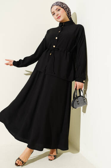 Gold Düğmeli Bel Tünelli Etekli Takım Siyah - İkili Takım