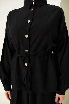 Gold Düğmeli Bel Tünelli Etekli Takım Siyah - İkili Takım