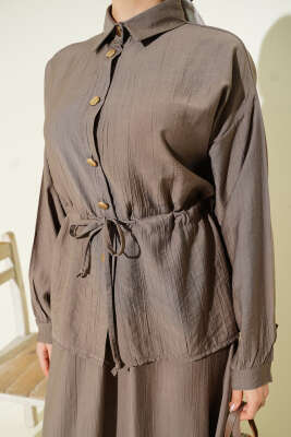 Gold Düğmeli Bel Tünelli Etekli Takım Vizon - İkili Takım