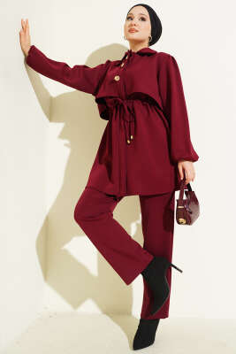 Gold Düğmeli Bel Tünelli İkili Takım Bordo - HBS
