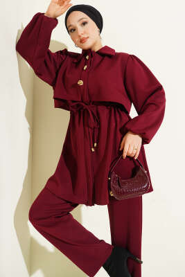 Gold Düğmeli Bel Tünelli İkili Takım Bordo - İkili Takım
