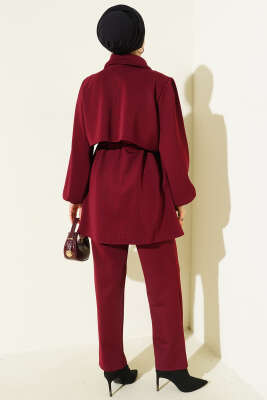 Gold Düğmeli Bel Tünelli İkili Takım Bordo - İkili Takım