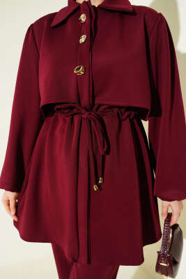 Gold Düğmeli Bel Tünelli İkili Takım Bordo - İkili Takım