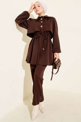 Gold Düğmeli Bel Tünelli İkili Takım Kahve - HBS