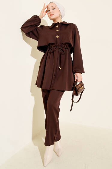 Gold Düğmeli Bel Tünelli İkili Takım Kahve - İkili Takım