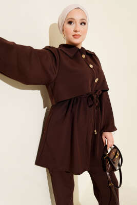 Gold Düğmeli Bel Tünelli İkili Takım Kahve - İkili Takım