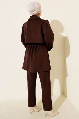 Gold Düğmeli Bel Tünelli İkili Takım Kahve - İkili Takım