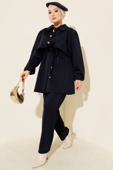 Gold Düğmeli Bel Tünelli İkili Takım Lacivert - İkili Takım