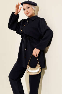 Gold Düğmeli Bel Tünelli İkili Takım Lacivert - İkili Takım