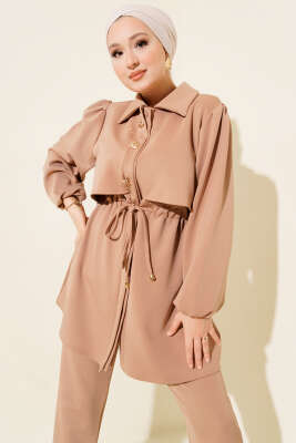 Gold Düğmeli Bel Tünelli İkili Takım Latte - İkili Takım