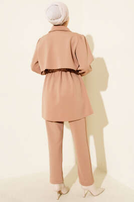Gold Düğmeli Bel Tünelli İkili Takım Latte - İkili Takım
