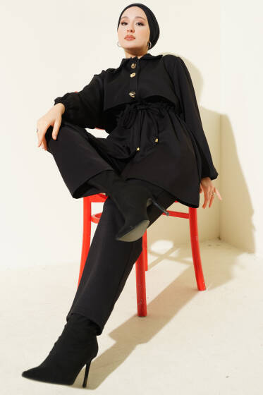 Gold Düğmeli Bel Tünelli İkili Takım Siyah - İkili Takım