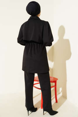 Gold Düğmeli Bel Tünelli İkili Takım Siyah - İkili Takım