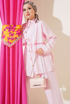Gold Düğmeli Bolerolu Tencel İkili Takım Pembe - 700-1000 TL Ürünler