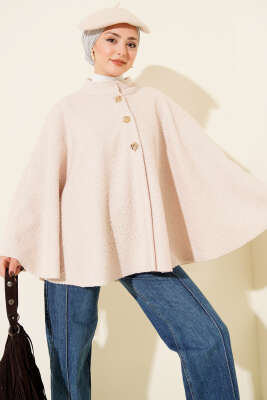 Gold Düğmeli Buklet Panço Bej - MUSTİ