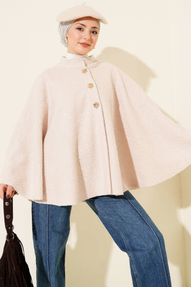 Gold Düğmeli Buklet Panço Bej - Panço