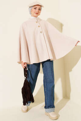 Gold Düğmeli Buklet Panço Bej - Panço