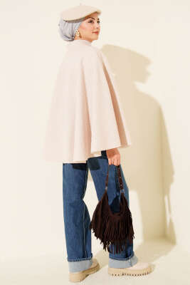 Gold Düğmeli Buklet Panço Bej - Panço