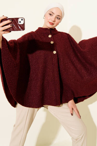 Gold Düğmeli Buklet Panço Bordo - Panço