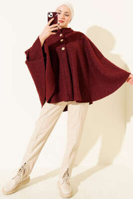 Gold Düğmeli Buklet Panço Bordo - Panço