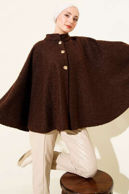 Gold Düğmeli Buklet Panço Kahve 