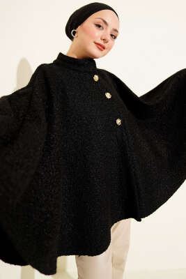 Gold Düğmeli Buklet Panço Siyah - MUSTİ