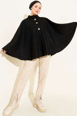 Gold Düğmeli Buklet Panço Siyah - Panço