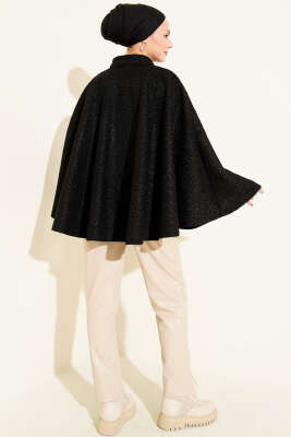 Gold Düğmeli Buklet Panço Siyah - Panço