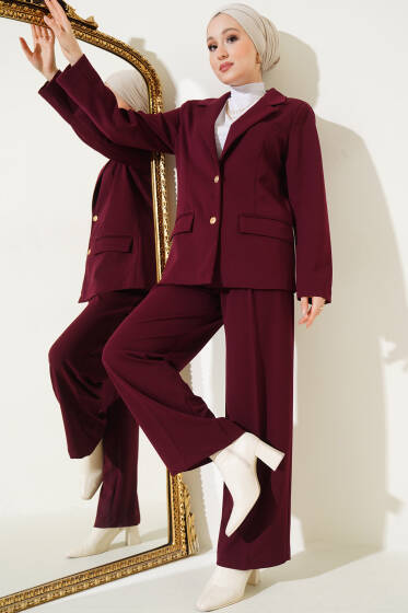 Gold Düğmeli Ceketli İkili Takım Bordo - İkili Takım