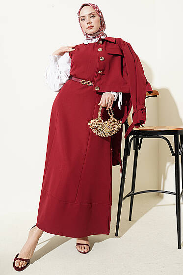 Gold Düğmeli Ceketli Jile Takım Bordo - İkili Takım