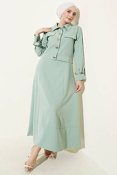 Gold Düğmeli Ceketli Jile Takım Çağla Yeşili - İkili Takım