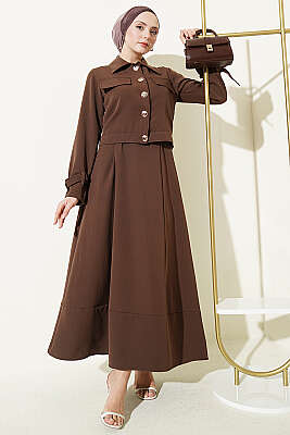 Gold Düğmeli Ceketli Jile Takım Kahve - HATUN