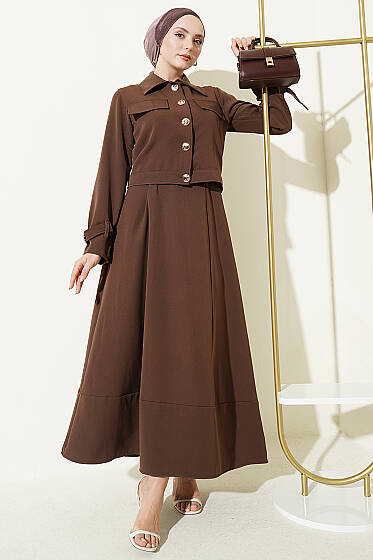 Gold Düğmeli Ceketli Jile Takım Kahve - İkili Takım