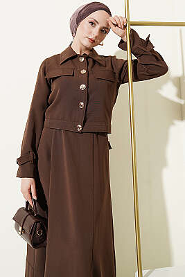 Gold Düğmeli Ceketli Jile Takım Kahve - İkili Takım