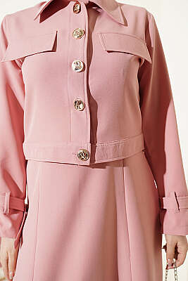 Gold Düğmeli Ceketli Jile Takım Pudra - İkili Takım