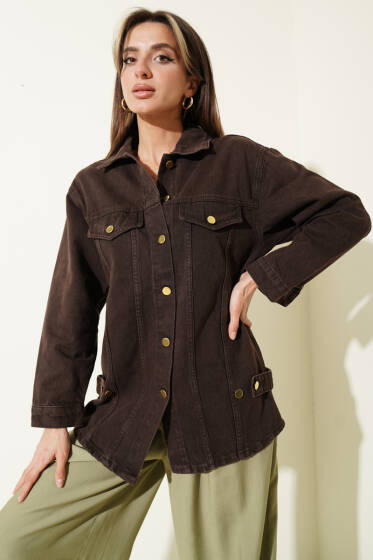 Gold Düğmeli Cepli Ceket Kahve - Kadın Giyim Modelleri