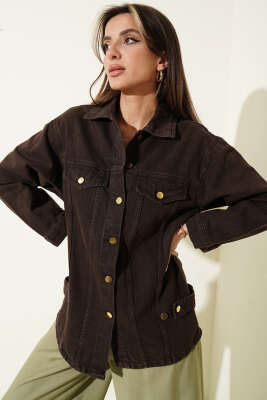 Gold Düğmeli Cepli Ceket Kahve - Kadın Giyim Modelleri