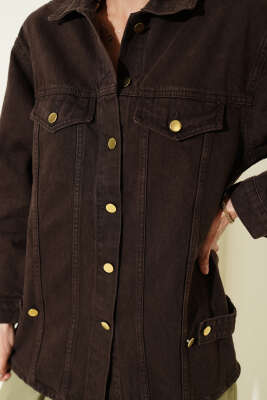 Gold Düğmeli Cepli Ceket Kahve - Kadın Giyim Modelleri