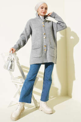 Gold Düğmeli Cepli Triko Hırka Gri - Hırka