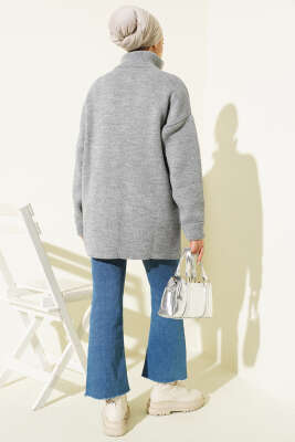 Gold Düğmeli Cepli Triko Hırka Gri - Hırka