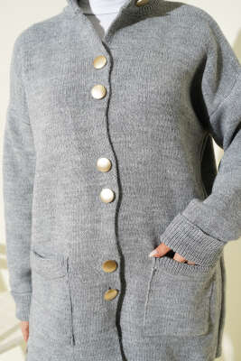 Gold Düğmeli Cepli Triko Hırka Gri - Hırka