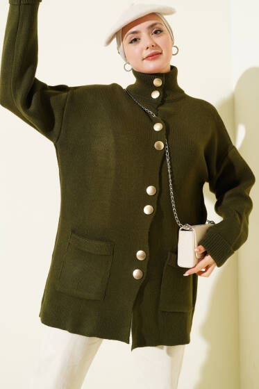 Gold Düğmeli Cepli Triko Hırka Haki - Hırka