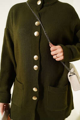 Gold Düğmeli Cepli Triko Hırka Haki - Hırka