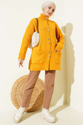 Gold Düğmeli Cepli Triko Hırka Hardal - Hırka