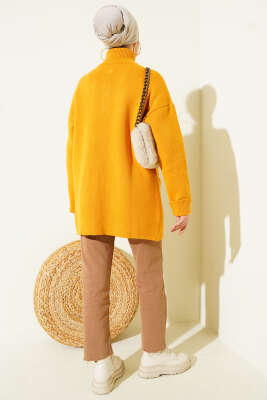 Gold Düğmeli Cepli Triko Hırka Hardal - Hırka